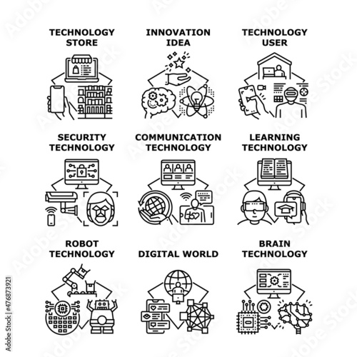 Technology network tech set. Communication, cyber privacy. school training, future. artificial. mind solution. user digital control. tore shop vector concept black illustration