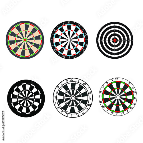 Dartboard and target shooting set in different versions on white background