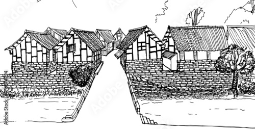 Vector illustration of old bridge and old wooden houses.