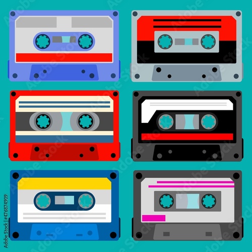 Vintage cassette tape. Retro mixtape collection, 1980s pop songs tapes and stereo music cassettes. 90s hifi disco dance audiocassette, analogue player record cassette. Vector Illustration