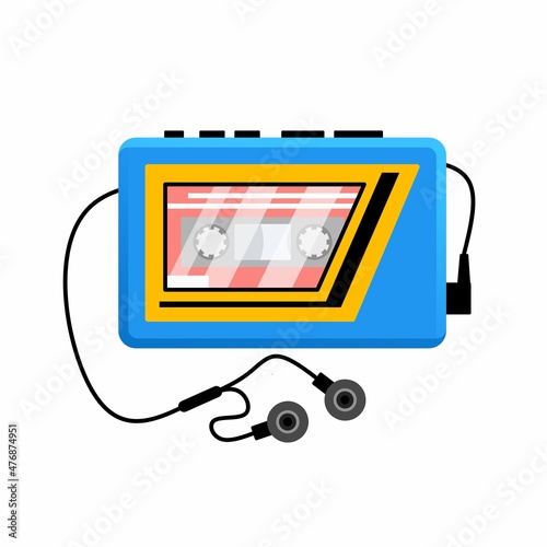 Walkman portable audio with cassette tape and earbuds. Retro music player vector illustration, isolated on white background.
