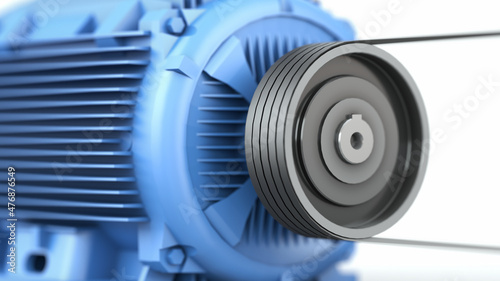 Blue electric motor with pulley and belt drive on a white background. 3d render