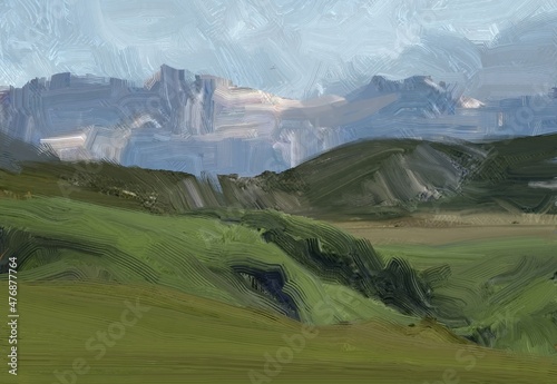 Oil painting landscape art. Rural mountain region. Colorful green field and grass. Summer time. Countryside.