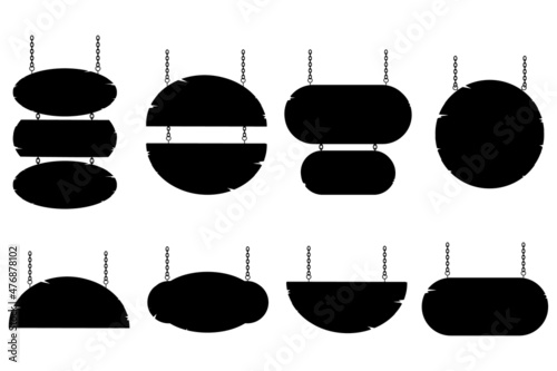 silhouette hanging various wooden sign, plank with round shape, fit for guideline and announcement