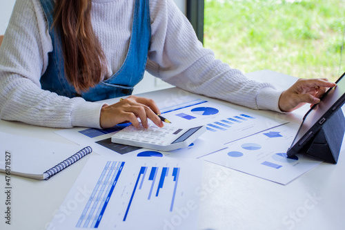 Accounting manager explains company's past sales by online meeting, cropped image of working woman of own company by self-checking and troubleshooting, new business concept.