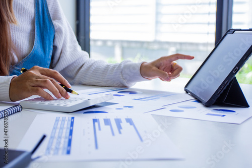 Accounting manager explains company's past sales by online meeting, cropped image of working woman of own company by self-checking and troubleshooting, new business concept.