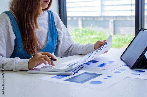Accounting manager explains company's past sales by online meeting, cropped image of working woman of own company by self-checking and troubleshooting, new business concept.