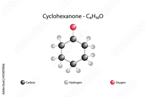 Molecular formula of cyclohexanone. It consists of a six-carbon cyclic molecule with a ketone functional group.