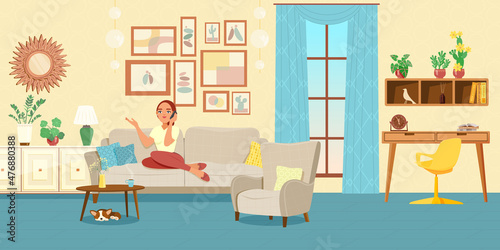 A woman is sitting on the couch in the living room, talking on the phone. Man and his house. Cozy living room interior. Workplace and rest area, large panoramic window. Vector illustration.