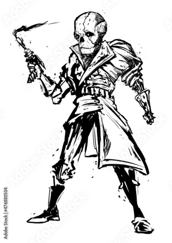 a dirty black and white drawing of an epic alien with a blaster in his hands. he is wearing a leather raincoat with a wide collar and a belt. he has a prosthetic arm and a scar on his face. 2d art