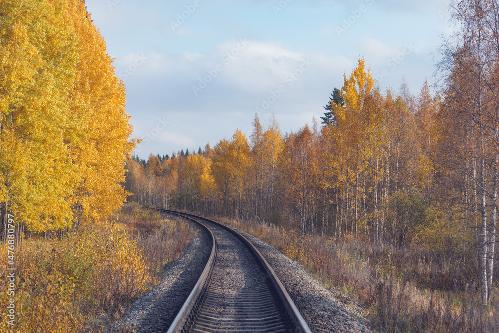 Long railway line at autumn day time.