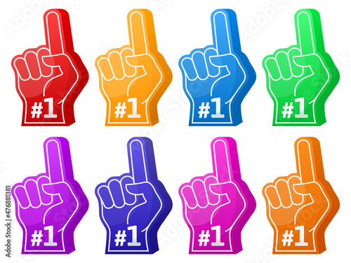 Foam fan finger, number one sports fan support foam hands gesture. Sports team support foam fingers victory gesture vector illustration set. Fist place foam finger gesture