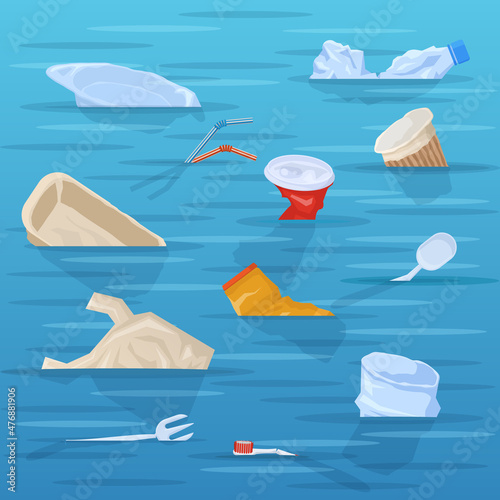 Polluted ocean, plastic disposable trash floating in water. Disposable plastic garbage in polluted ocean or sea water vector illustration. Nature polluting plastic trash