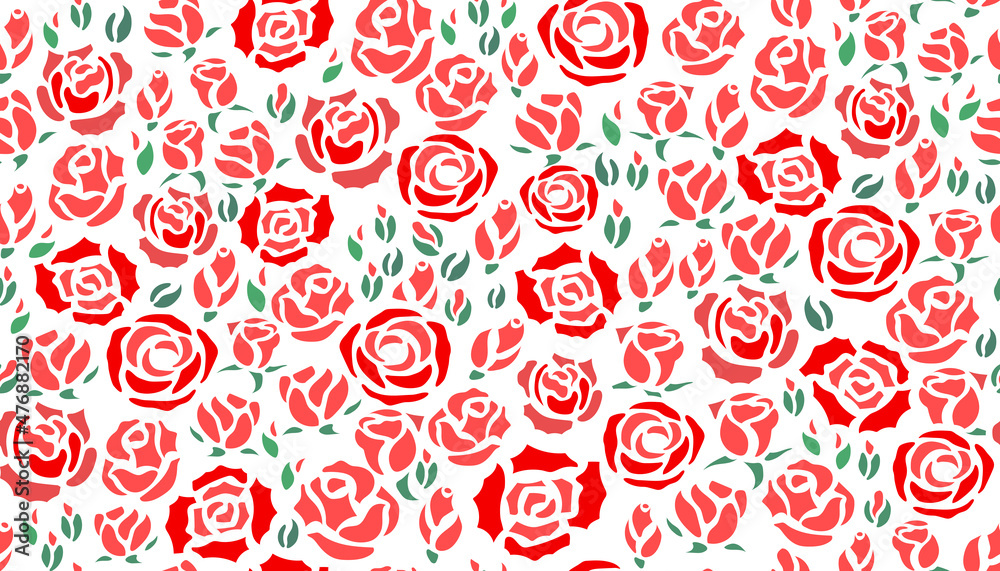 Vector illustration of red roses and green leaves seamless pattern on white background design for greeting card, Valentine’s Day, invitation card for the wedding