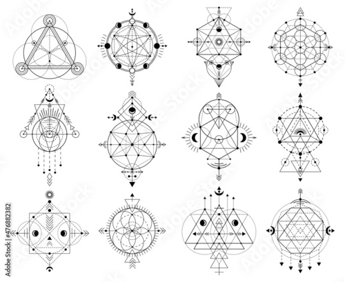 Sacred geometry figures, abstract mystic linear shapes. Mystical linear occult signs vector illustration set. Geometric sacred alchemy symbols