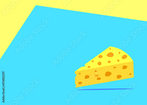 chunks of cheese hole-filled, pale yellow. Blue and yellow background. The product of fermented milk. Swiss Cheese Day, 