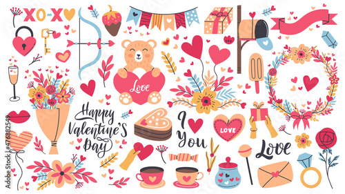Romantic valentines day stickers, heart shape and love letter. Valentines day elements, sweets, flowers and gifts vector illustration set. Cute romantic holiday stickers