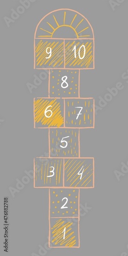 Boho Hopscotch kid activity game isolated on gray background. Design carpet children games drawn colored crayons.