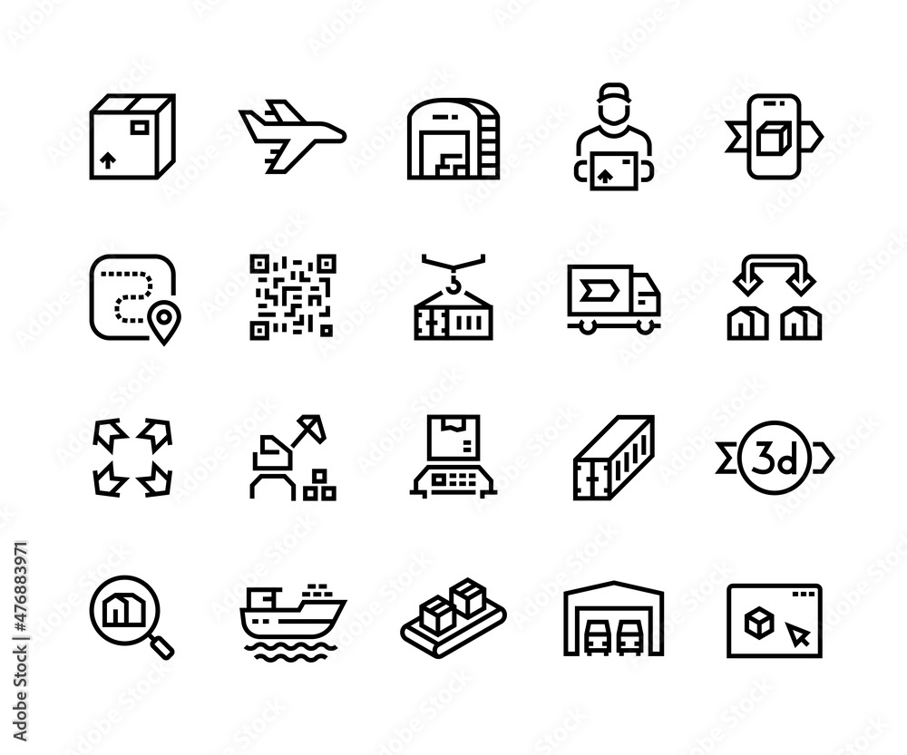 Logistic line icons. Outline cargo shipping loading transportation and delivery pictograms. Vector editable line stroke set Logistic line icons. Outline cargo shipping loading transportation and delivery pictograms. Vector editable line stroke set