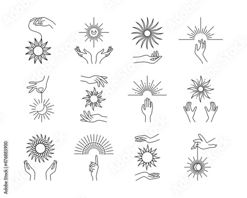 Line hands with suns. esoteric and astrology vintage elements, sun geometry outline graphic vector set