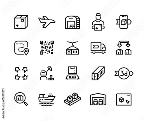 Logistic line icons. Outline cargo shipping loading transportation and delivery pictograms. Vector editable line stroke set