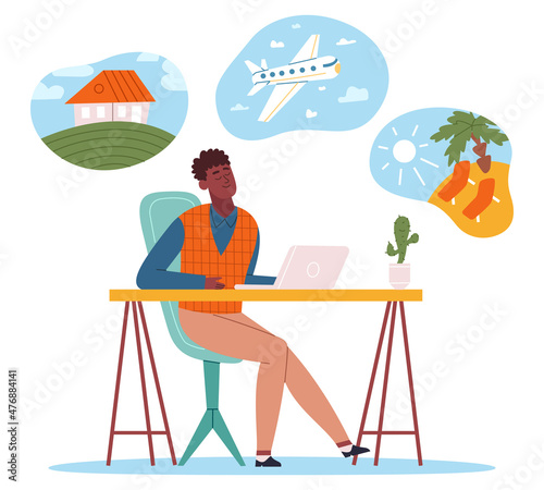 Male character dreaming about financial health, house and car. Dreamy man thought about business success and wealth vector illustration. Dreaming pensive person