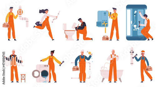 Professional plumbers repair pipes, fixing heating system and leakage. Plumbing service workers, repair home heating system vector illustration set. Plumbing workflow