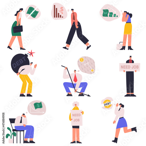 Bankruptcy, company financial trouble, business problems and economical crisis. Stressed office workers in financial crisis vector illustration set. Company financial trouble