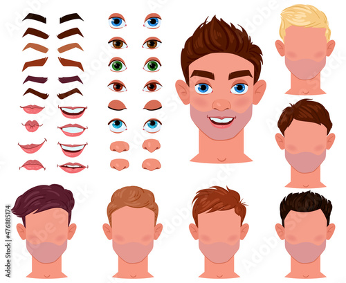 Cartoon man face constructor, male character creator. Male face generator with eyes, brows, lips and noses vector illustration set. Young guy avatar creation elements