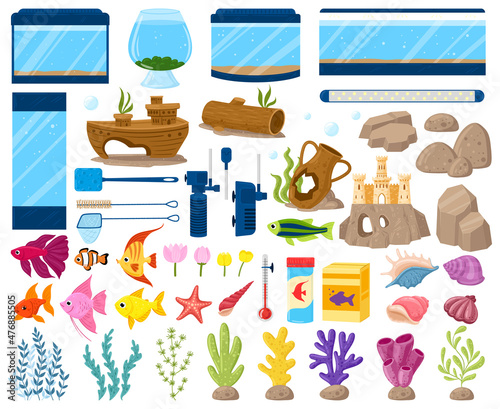 Cartoon aquarium equipment, fish, seaweeds and stones. Underwater pet fishes, plants and aquarium decorations vector illustration set. Water aquaria equipment