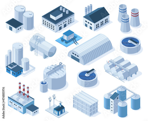 Isometric industrial factory buildings, warehouse, water purification system. Plant buildings, factories with tanks, pipes, crane vector illustration set. Industrial objects