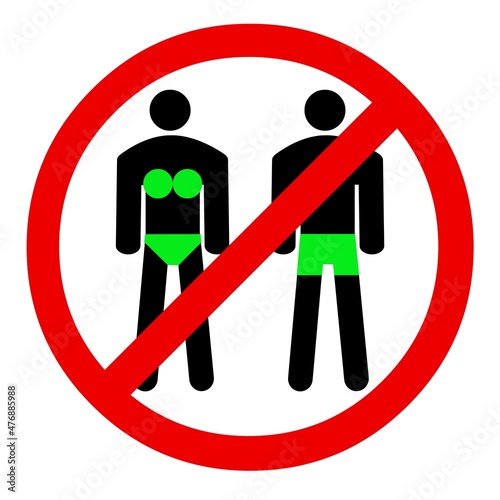 It is forbidden to walk around the city in a swimsuit and with a naked torso. A sign of prohibition. Design in red, black and green. Flat image isolated on white background. Vector.
