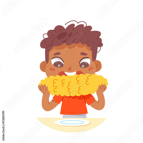 Cute boy eating boiled corn, snack on lunch, little child holding big corncob to eat