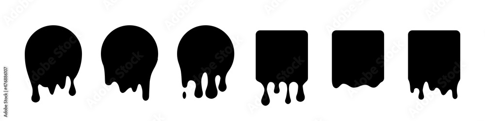 Paint drip icons set, splash of black ink circle and square drops, liquid blobs melt and flow with splatters