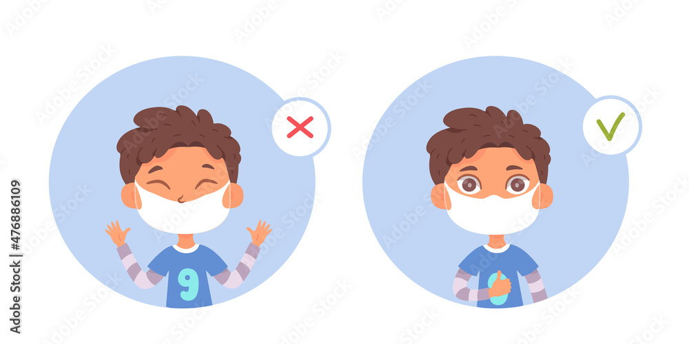 Boy wear protective face mask with proper and wrong way set of medical infographics Boy wear protective face mask with proper and wrong way set of medical infographics