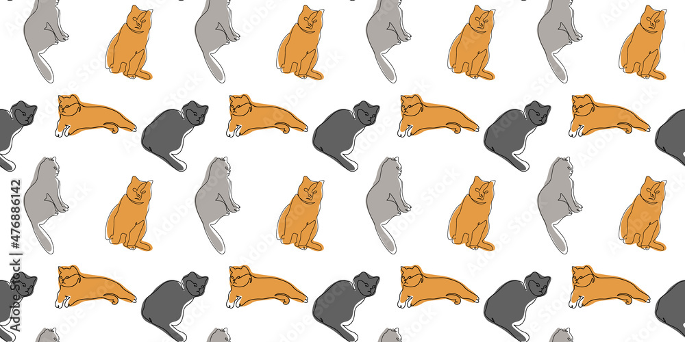 Cats seamless pattern on a white background. Hand-drawn pattern with ginger and gray cat. Suitable for web page wallpapers, textile surface texture backgrounds. Draw one line. Linear style. Doodle. 