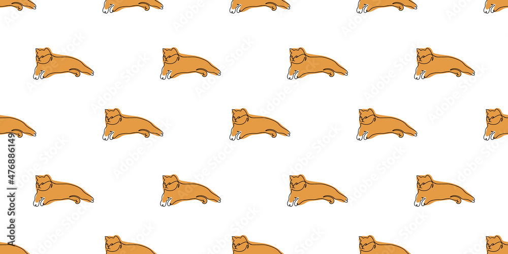 Ginger cat seamless pattern on a white background. Hand-drawn pattern with cat. Suitable for wallpapers  web page backgrounds surface textures textiles. One line drawing. Linear style. Doodle. Vector