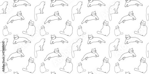 Cats seamless pattern on a white background. Hand-drawn pattern with a cat. Suitable for web page wallpapers  textile surface texture backgrounds. Draw one line. Linear style. Doodle. Vector
