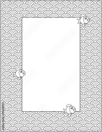 Abstract decorative wide frame or border japanese style sea waves with fish for writing paper, diary, journal, notebook, etc.

