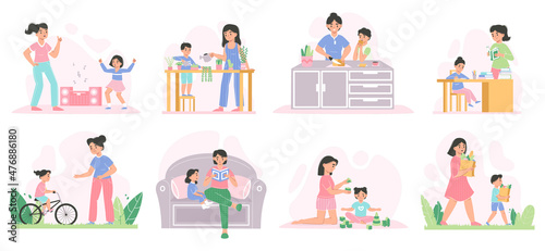 Motherhood activities, moms and children reading books, playing, cooking. Happy family, moms with kids spend time together vector illustration set. Mothers and children scenes