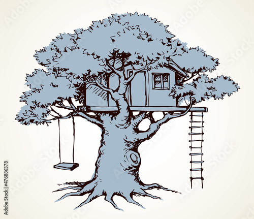 Wooden tree house. Vector drawing