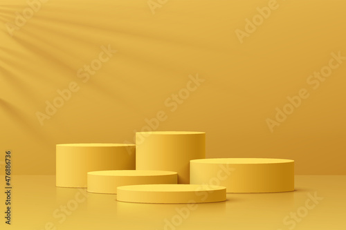 Realistic yellow 3D cylinder pedestal podium set with leaf shadow overlay. Minimal scene for products showcase, Promotion display. Vector abstract studio room platform design. Stage for showcase.