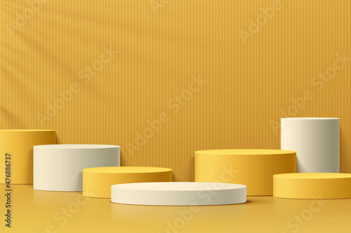 Realistic yellow and white 3D cylinder pedestal podium set with leaf shadow. Minimal scene for products showcase, Promotion display. Vector abstract studio room platform design. Stage for showcase.