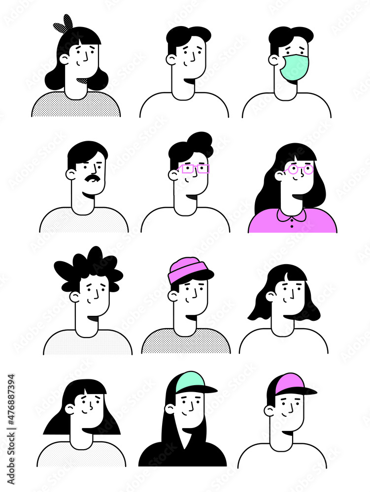 minimalist set of people faces, vector illustration of different male and female vector heads with various hairstyles. simple modern flat style character design minimalist set of people faces, vector illustration of different male and female vector heads with various hairstyles. simple modern flat style character design
