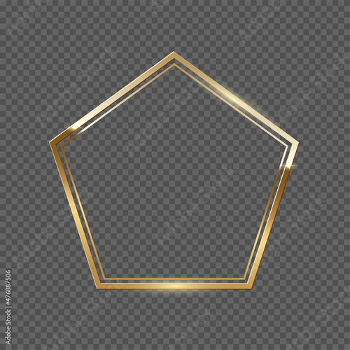 Double golden frame with pentagon shape vector illustration. Realistic 3d elegant golden award lines with glitter, classic geometric presentation, painting frame isolated on transparent background.