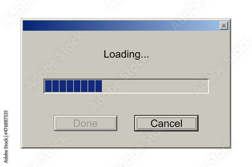 Retro download bar, alert window on computer monitor with loading message, classic style photo