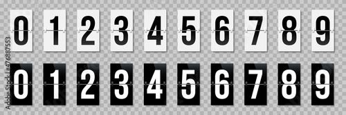 Flip board style numbers vector illustration. Airport terminal, arrival board with numbers template. Realistic flip scoreboard, analog timetable or countdown symbols. Flight destination display
