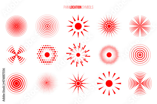 Pain location symbols set. Vector red ache pointing signs isolated on white background. Painkillers remedies targets circullar icons collection
