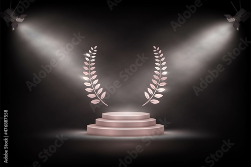 3d podium, round platform stage and spotlights vector illustration. Empty realistic pedestal with laurel wreath for product, award for winner in ceremony show event or modern showcase room background.