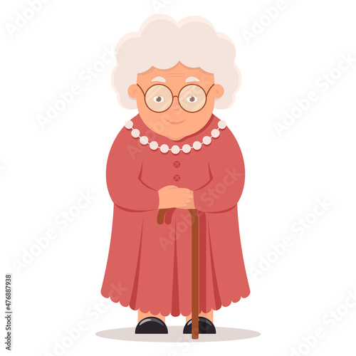 Cute old woman with a cane. Grandma with glasses on white background.